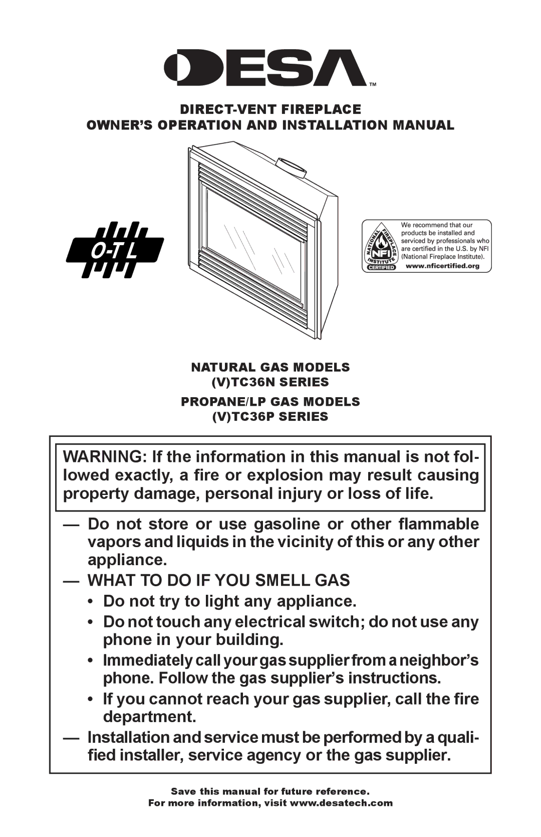 Desa TC36N, TC36P installation manual What to do if YOU Smell GAS 