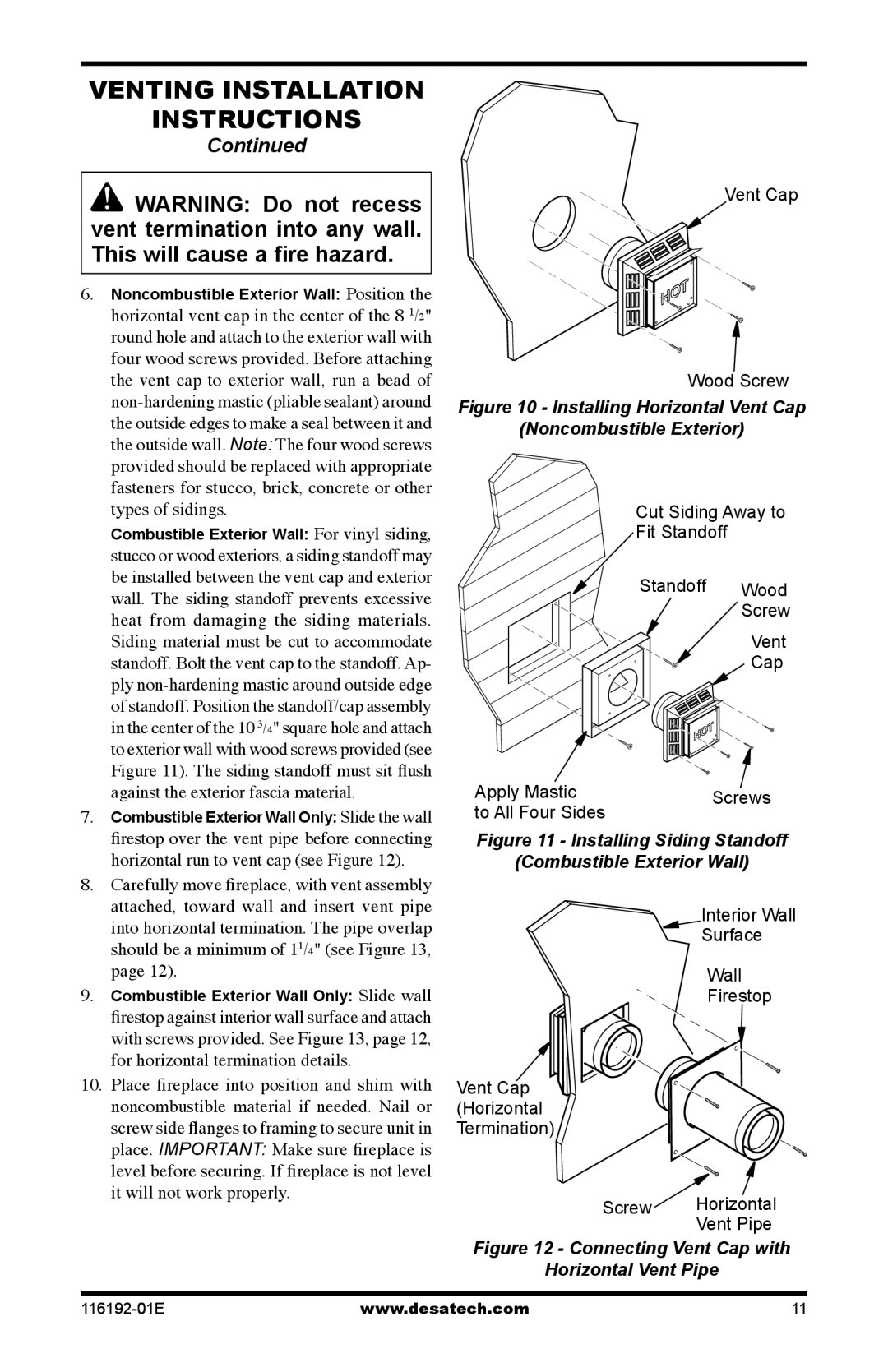 Desa TC36N, TC36P installation manual Installing Horizontal Vent Cap Noncombustible Exterior 