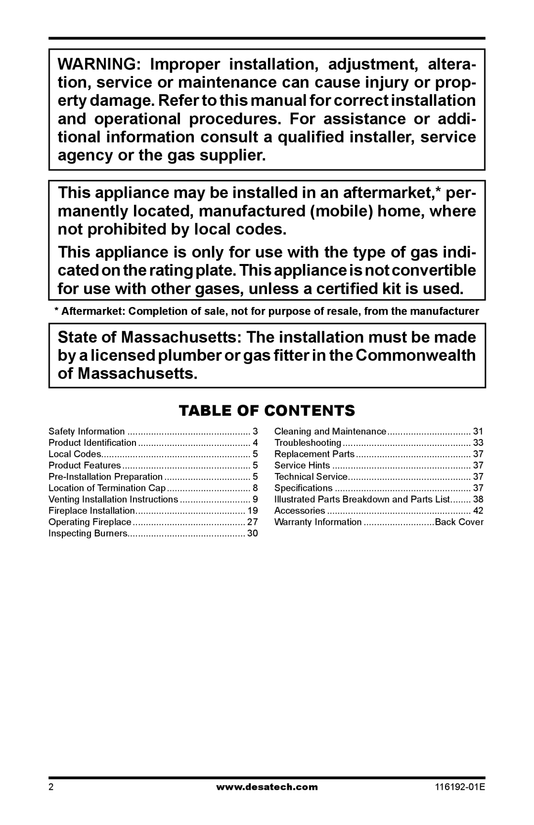 Desa TC36P, TC36N installation manual Table of Contents 