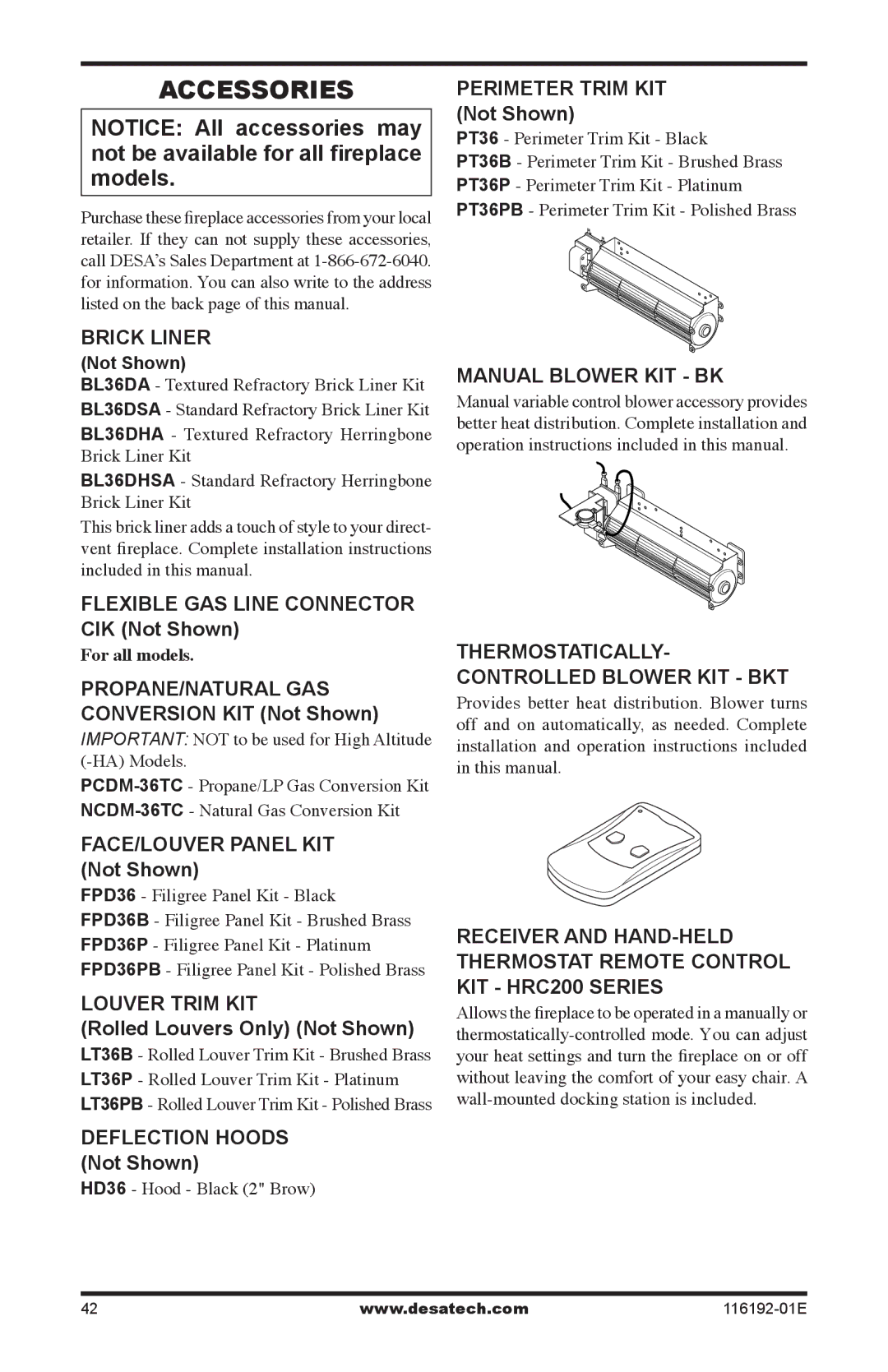 Desa TC36P, TC36N installation manual Accessories 