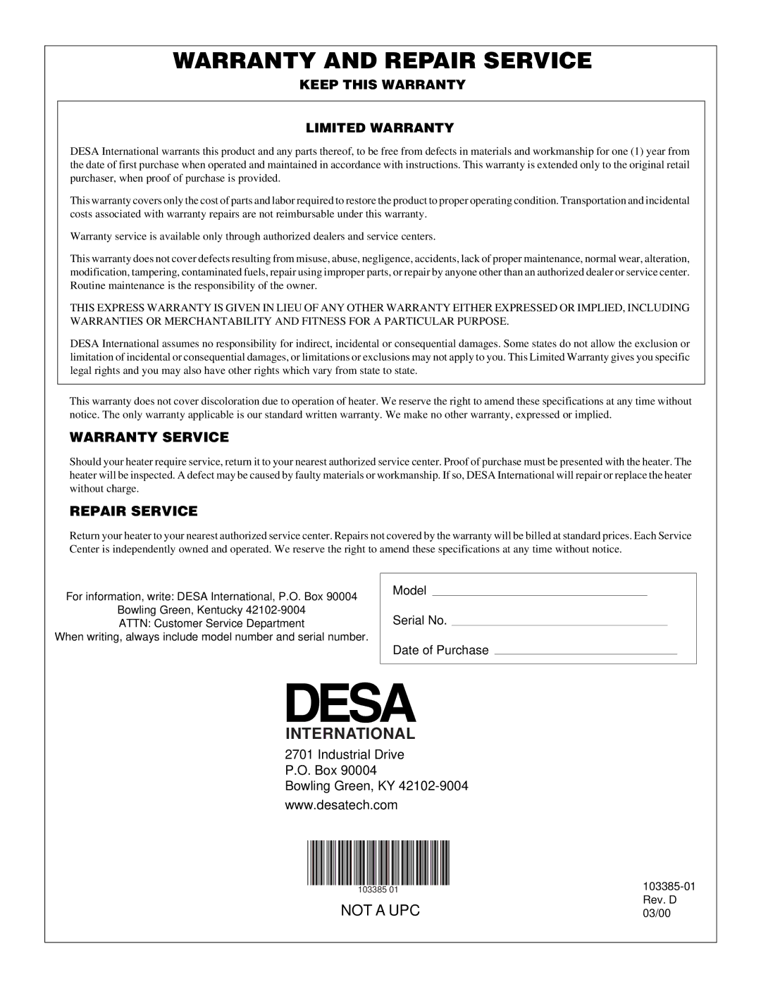 Desa TC80V, RCP80V owner manual Warranty and Repair Service 