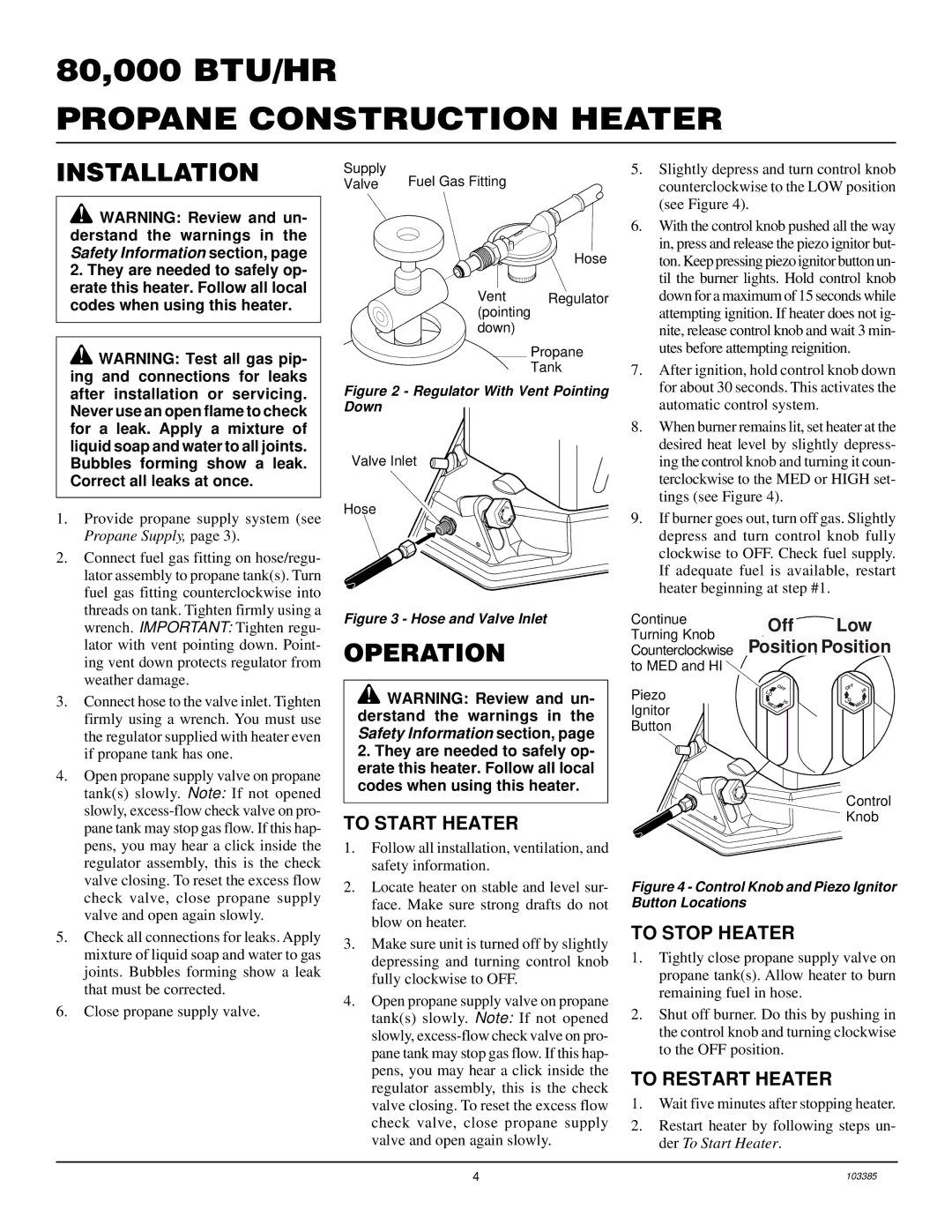 Desa TC80V, RCP80V owner manual Installation, To Start Heater, To Stop Heater, To Restart Heater 