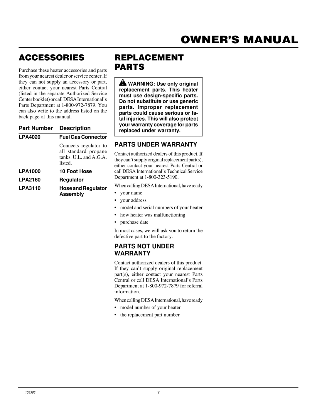 Desa RCP80V, TC80V owner manual Accessories, Replacement Parts, Parts Under Warranty, Parts not Under Warranty 