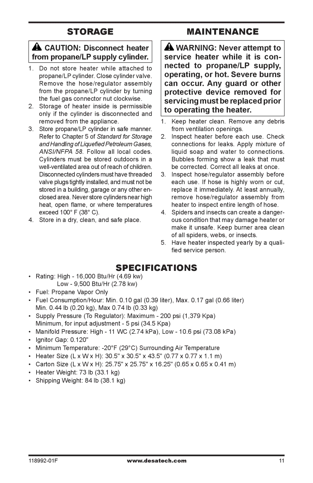 Desa Td101, Td103, Td109, Td111 owner manual Storage, Maintenance, Specifications, Store in a dry, clean, and safe place 