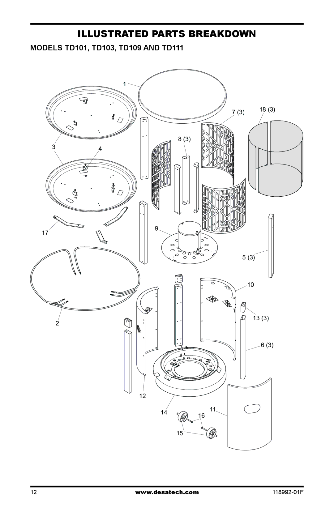 Desa Td101, Td103, Td109, Td111 owner manual Illustrated Parts Breakdown, Models TD101, TD103, TD109 and TD111 