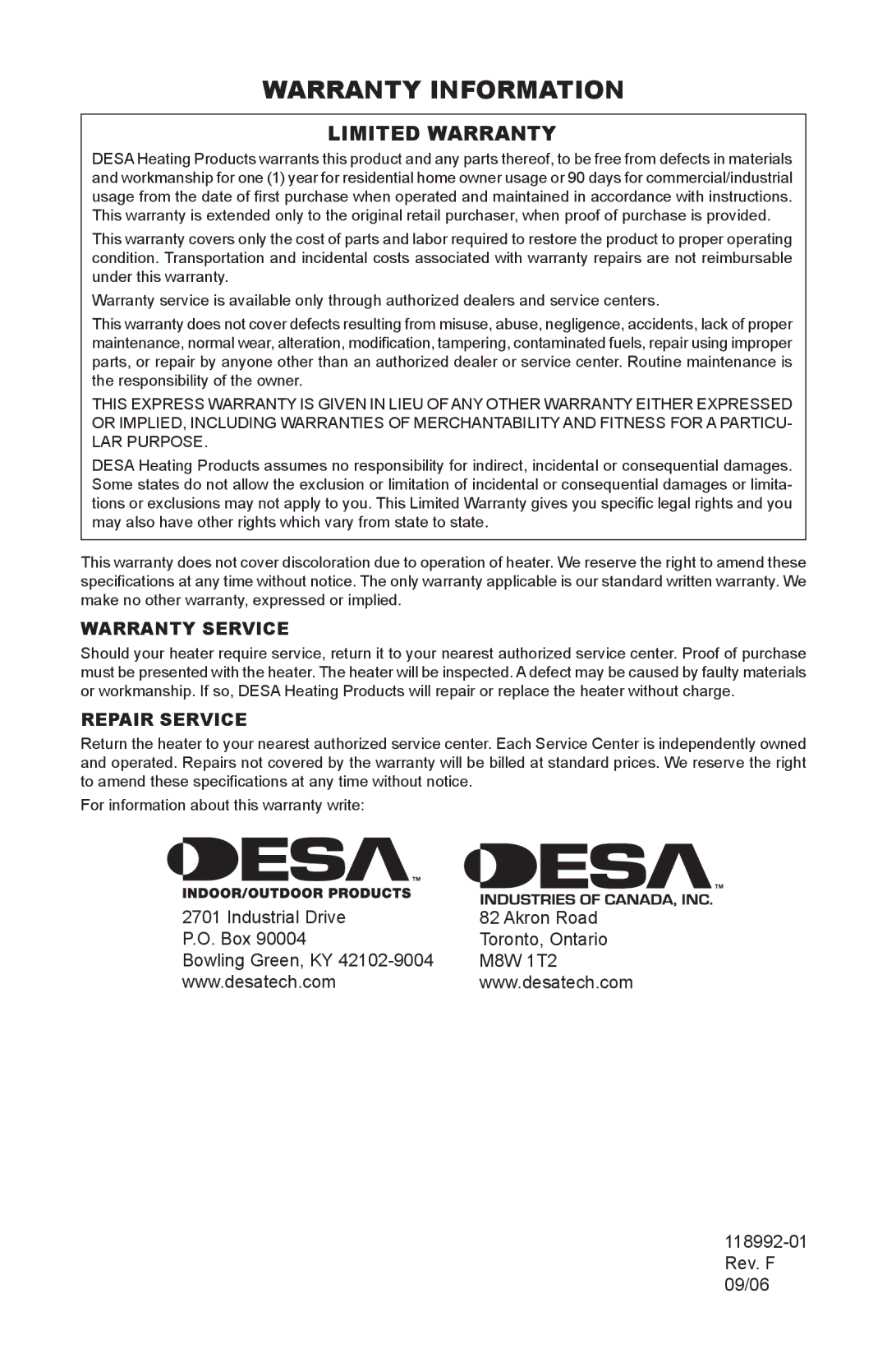 Desa Td101, Td103, Td109, Td111 owner manual Warranty Information, Limited Warranty 