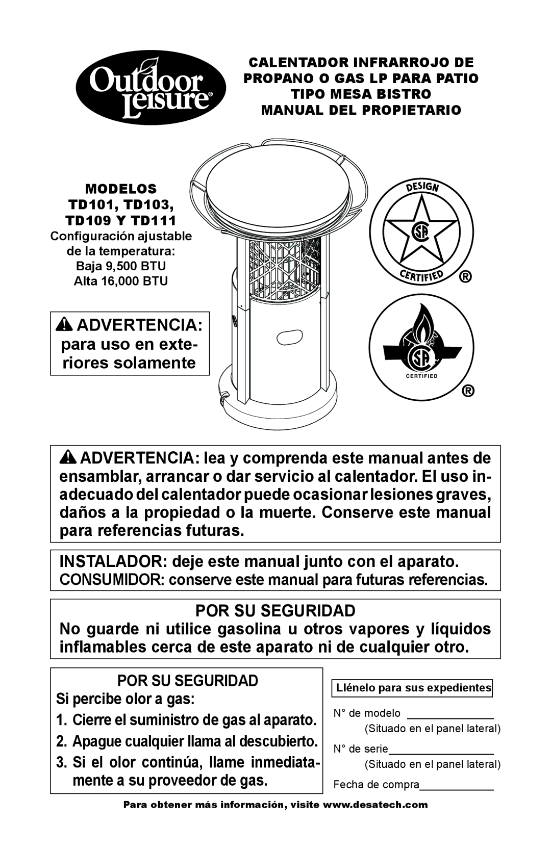 Desa Td101, Td103, Td109, Td111 owner manual Consumidor conserve este manual para futuras referencias 