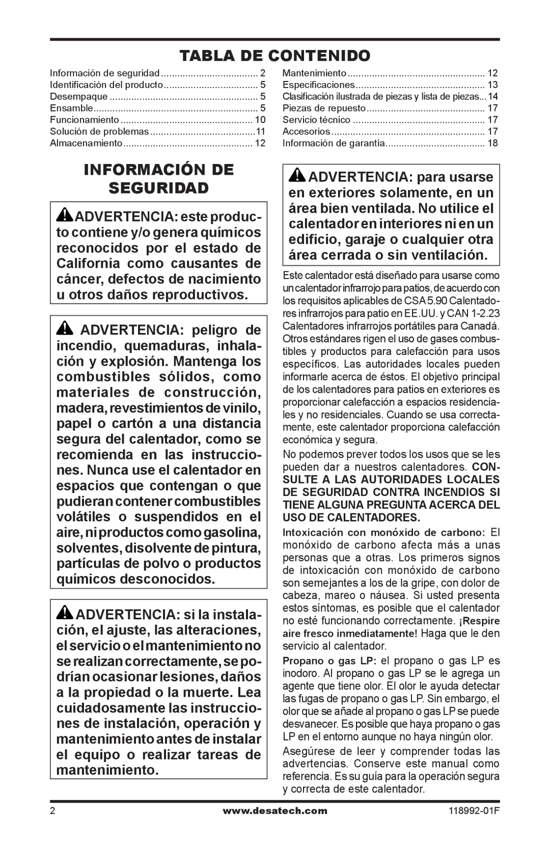 Desa Td101, Td103, Td109, Td111 owner manual Tabla de contenido, Información de Seguridad 