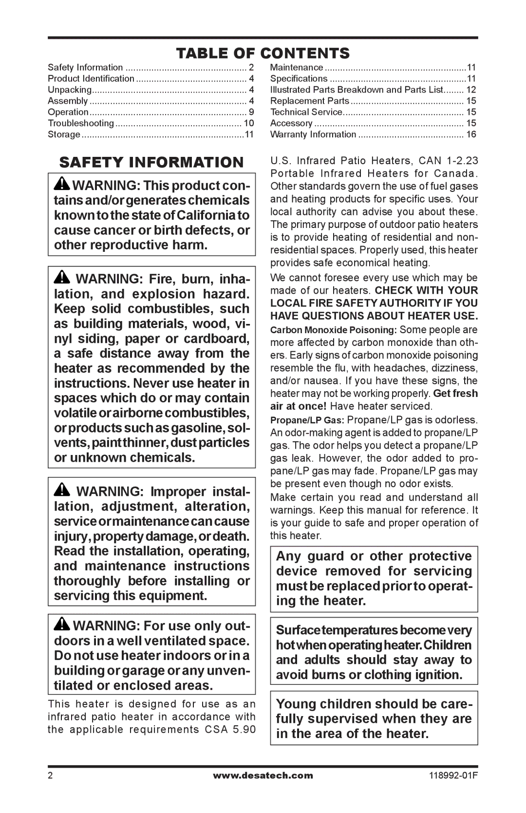 Desa Td101, Td103, Td109, Td111 owner manual Table of Contents, Safety Information 