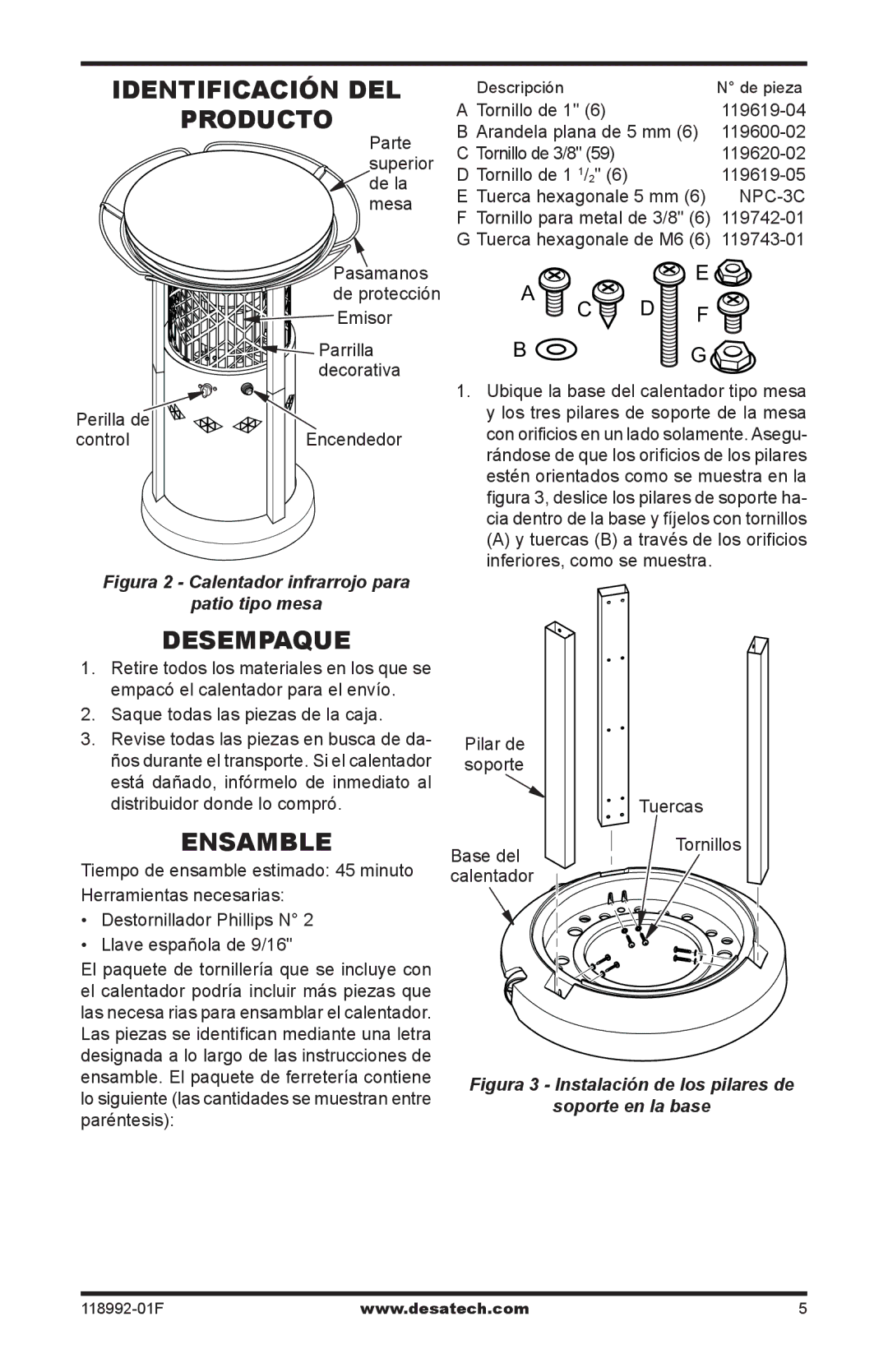 Desa Td101, Td103, Td109, Td111 owner manual Identificación del Producto, Desempaque, Ensamble, Calentador 