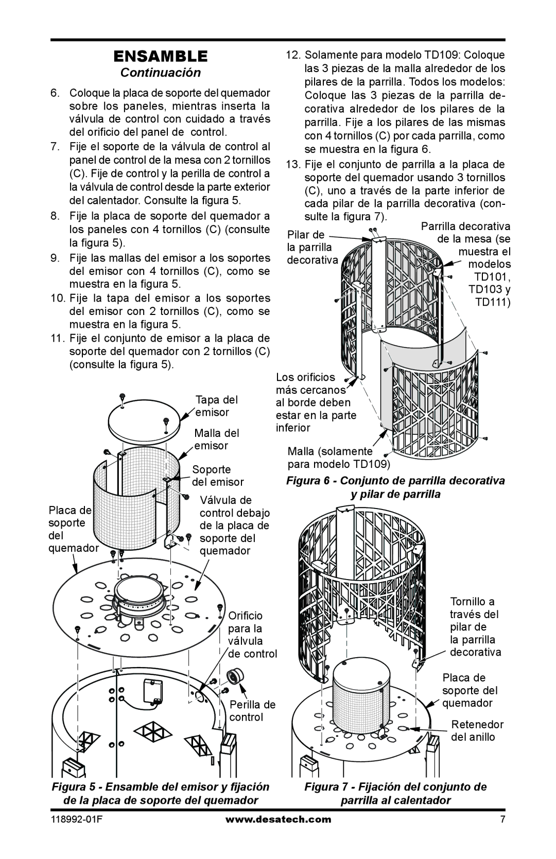 Desa Td101, Td103, Td109, Td111 owner manual Solamente para modelo TD109 Coloque, Las 3 piezas de la malla alrededor de los 