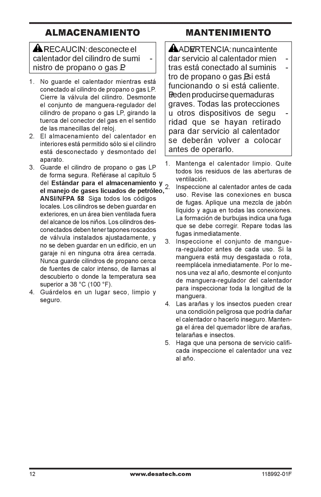 Desa Td101, Td103, Td109, Td111 owner manual Almacenamiento Mantenimiento, Guárdelos en un lugar seco, limpio y seguro 