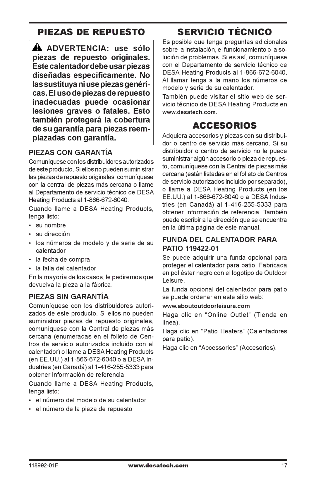 Desa Td101, Td103, Td109, Td111 owner manual Piezas de repuesto, Servicio técnico, Accesorios, Piezas sin garantía 