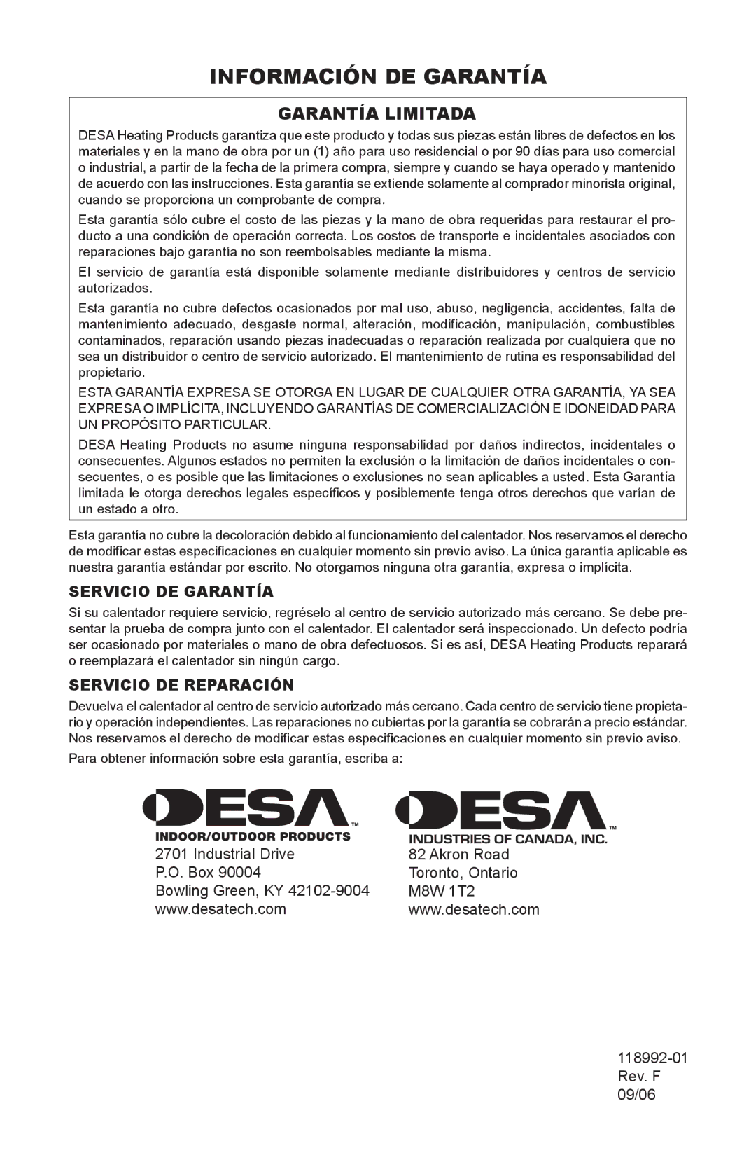 Desa Td101, Td103, Td109, Td111 owner manual Información de garantía, Garantía Limitada 