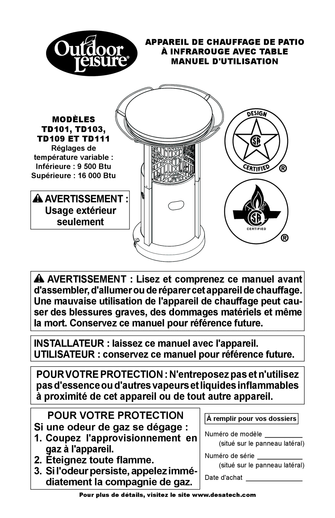 Desa Td101, Td103, Td109, Td111 owner manual Avertissement 