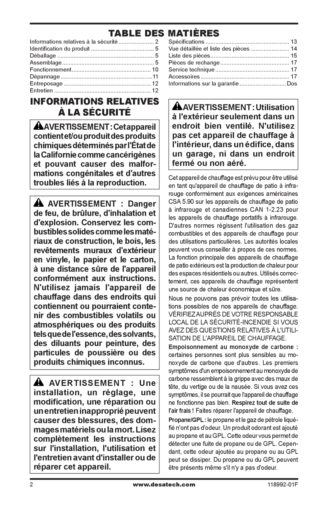 Desa Td101, Td103, Td109, Td111 owner manual Table des matières, Informations relatives La sécurité 