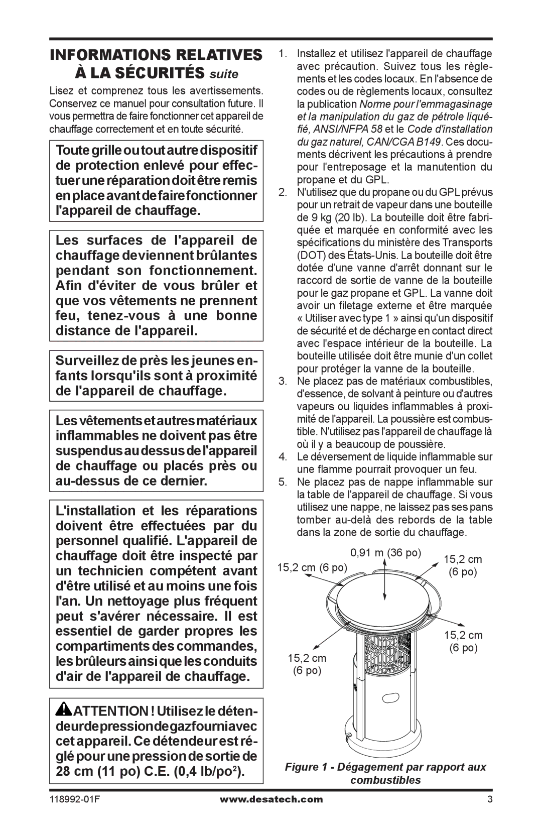 Desa Td101, Td103, Td109, Td111 owner manual LA Sécurités suite, 91 m 36 po 15,2 cm 15,2 cm 6 po Po 15,2 cm 