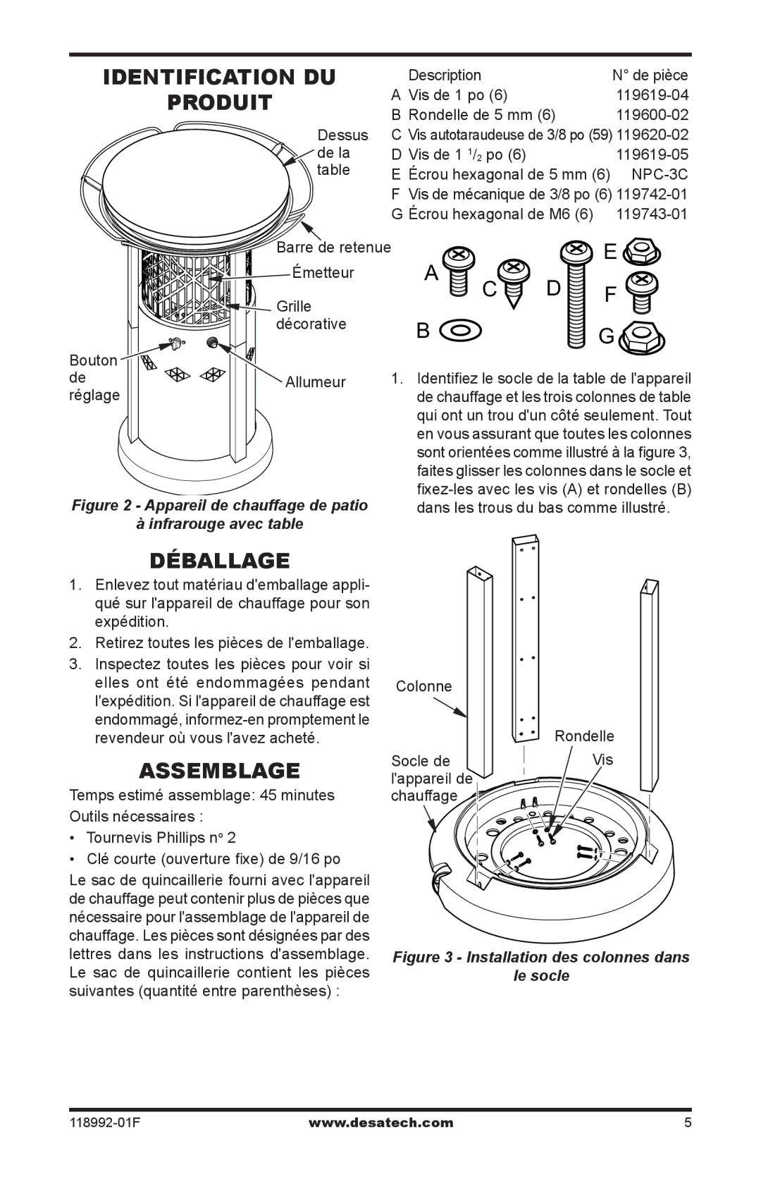 Desa Td101, Td103, Td109, Td111 owner manual Identification du Produit, Déballage, Assemblage 