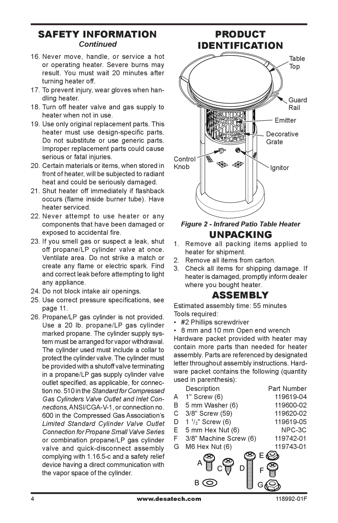 Desa Td101, Td103, Td109, Td111 owner manual Product Identification, Unpacking, Assembly 