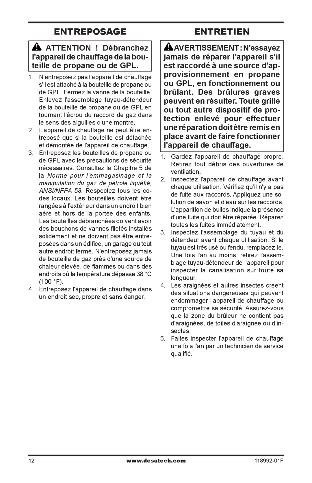 Desa Td101, Td103, Td109, Td111 owner manual EntreposageEntretien 