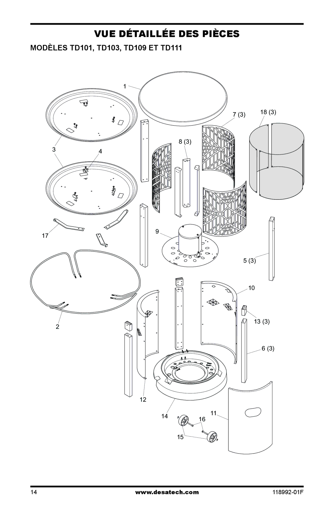 Desa Td101, Td103, Td109, Td111 owner manual Vue détaillée des pièces, Modèles TD101, TD103, TD109 ET TD111 