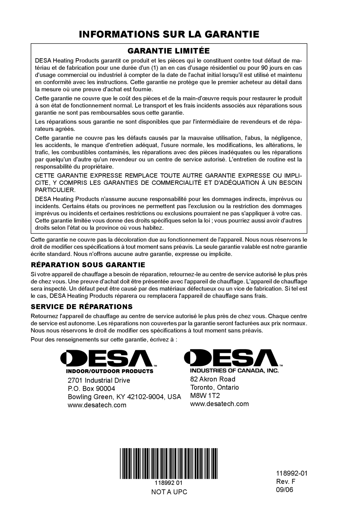 Desa Td101, Td103, Td109, Td111 Informations sur la garantie, Garantie Limitée, Industrial Drive P.O. Box 118992-01, 09/06 