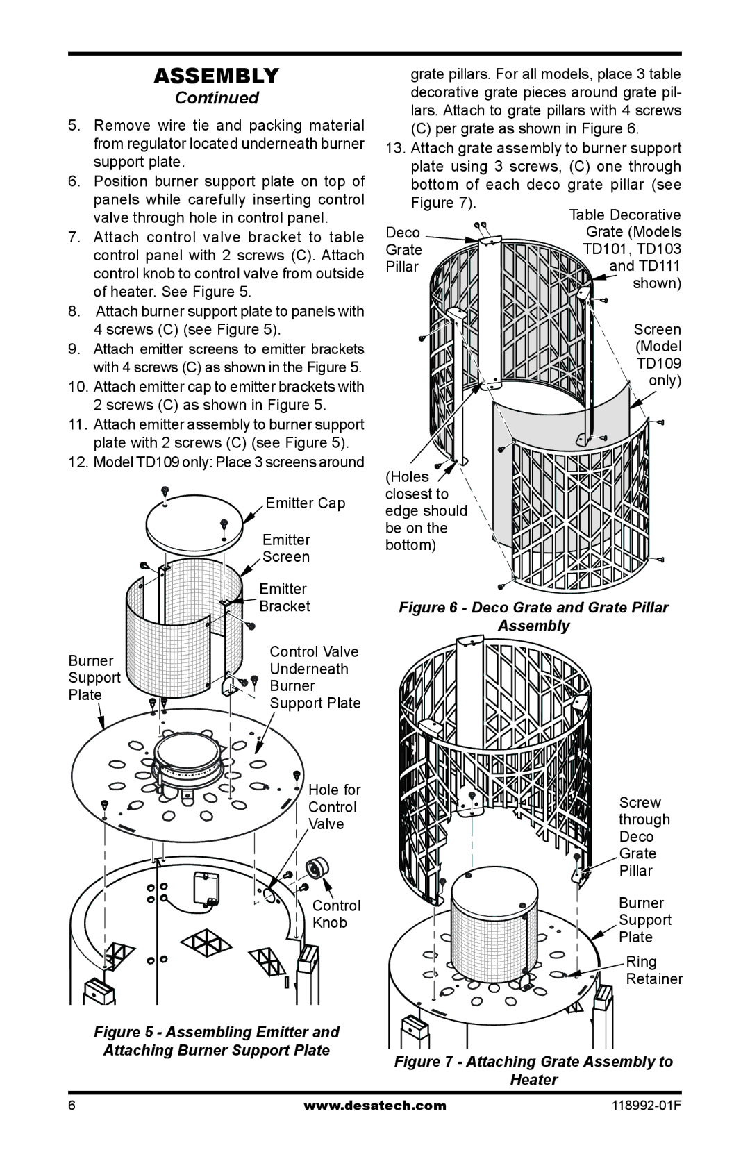 Desa Td101, Td103, Td109, Td111 owner manual Emitter Cap, Screen, Bracket, Burner, Underneath, Support Plate 