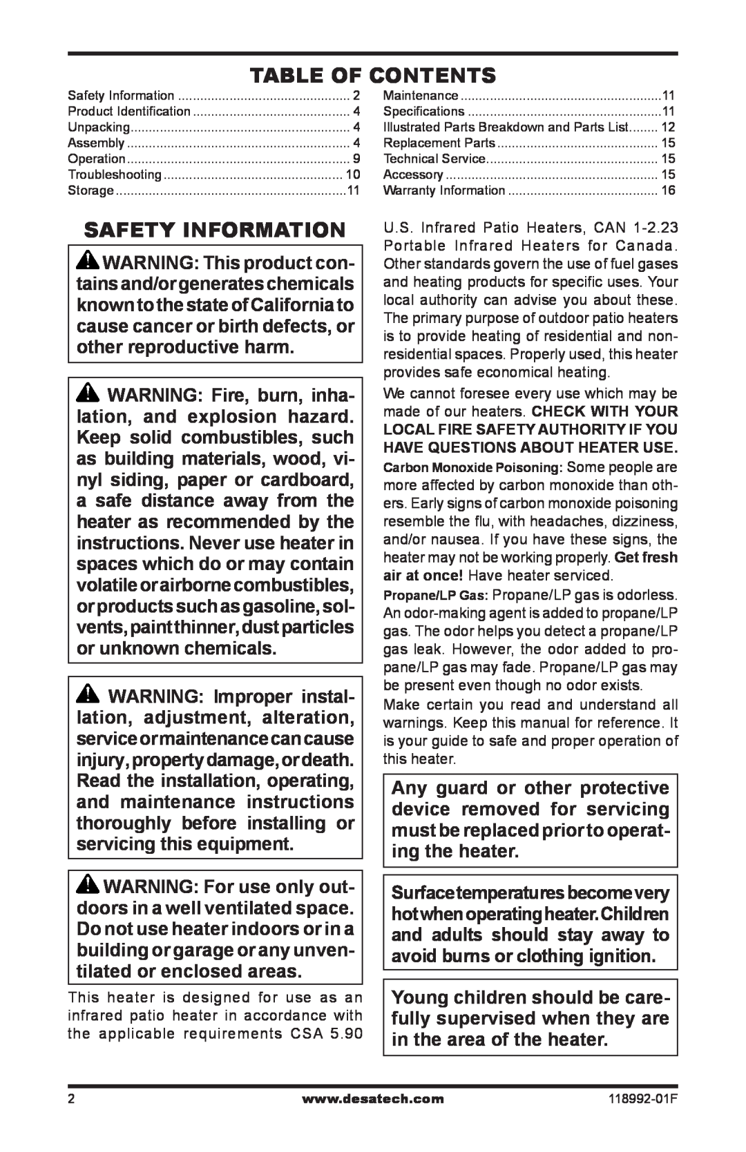 Desa Td101, Td103, Td109, Td111 owner manual Table of Contents, Safety Information 
