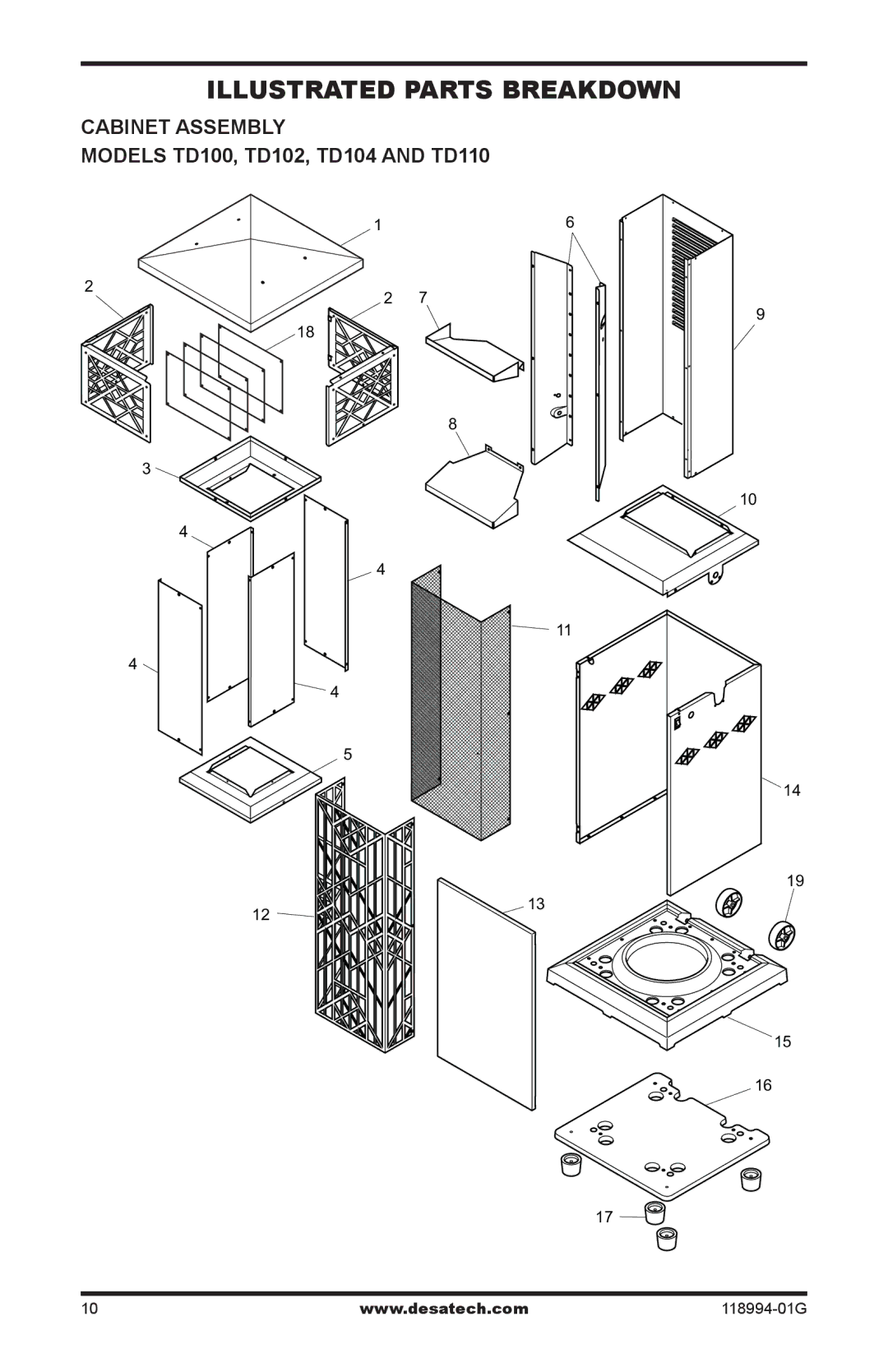 Desa Td100, Td104, Td102 owner manual Illustrated Parts Breakdown, Cabinet assembly Models TD100, TD102, TD104 and TD110 