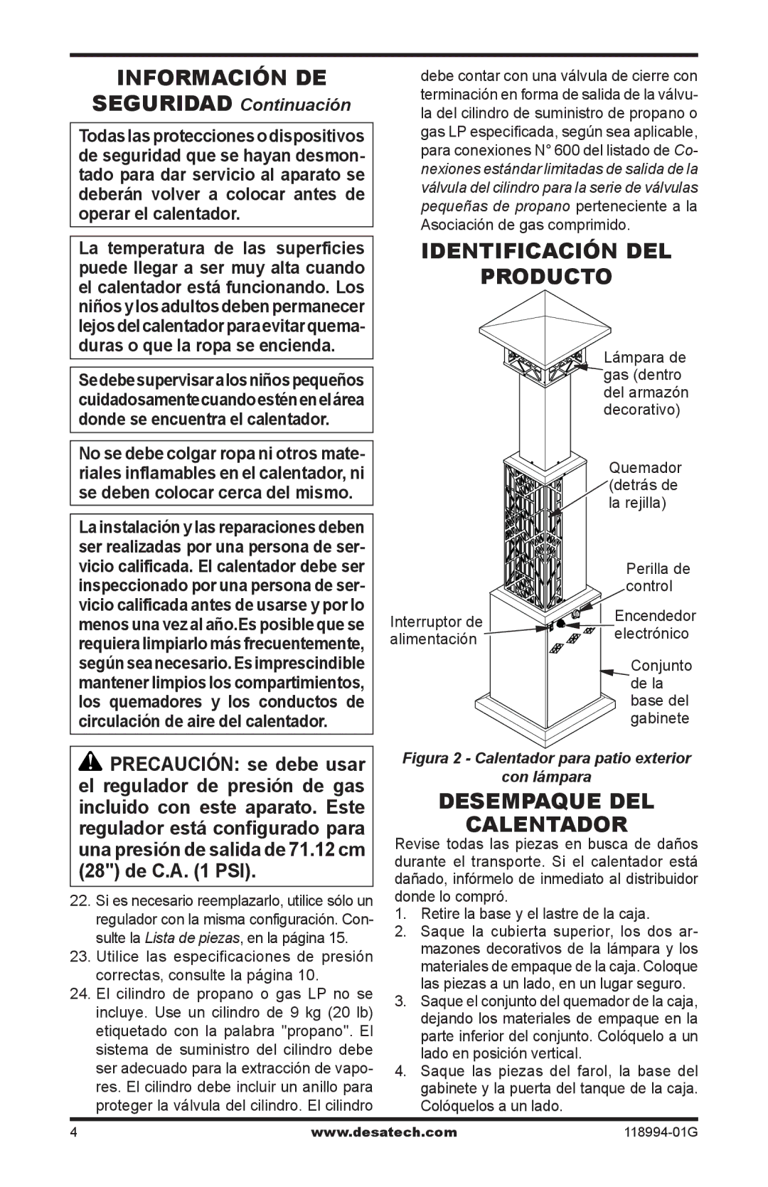 Desa Td104, Td102, Td100, TD100, TD102, TD104, TD110 owner manual Identificación del Producto, Desempaque del Calentador 