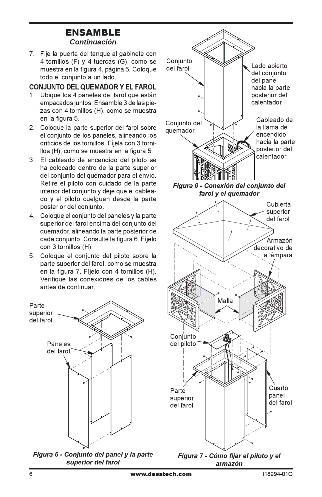 Desa Td100, Td104, Td102, TD100, TD102, TD104, TD110 owner manual Conjunto del quemador y el farol 