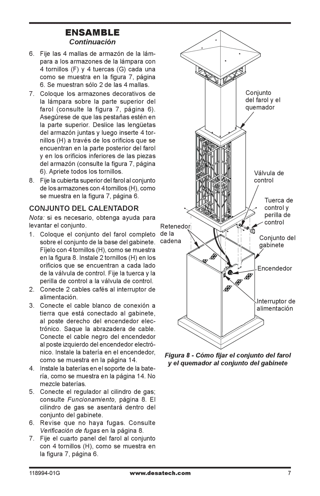 Desa TD100, TD102, TD104, TD110, Td104, Td102, Td100 owner manual Conjunto del calentador, Apriete todos los tornillos 