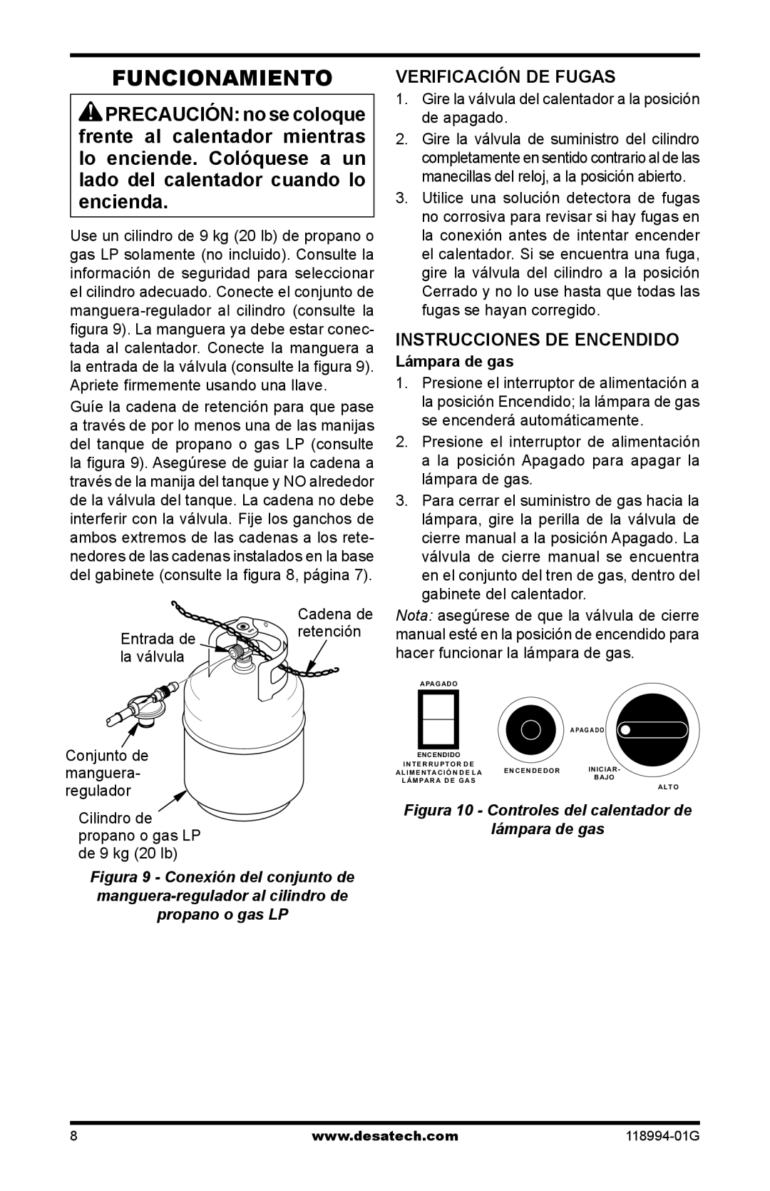 Desa Td104, Td102, Td100 owner manual Funcionamiento, Verificación de fugas, Instrucciones de encendido, Lámpara de gas 