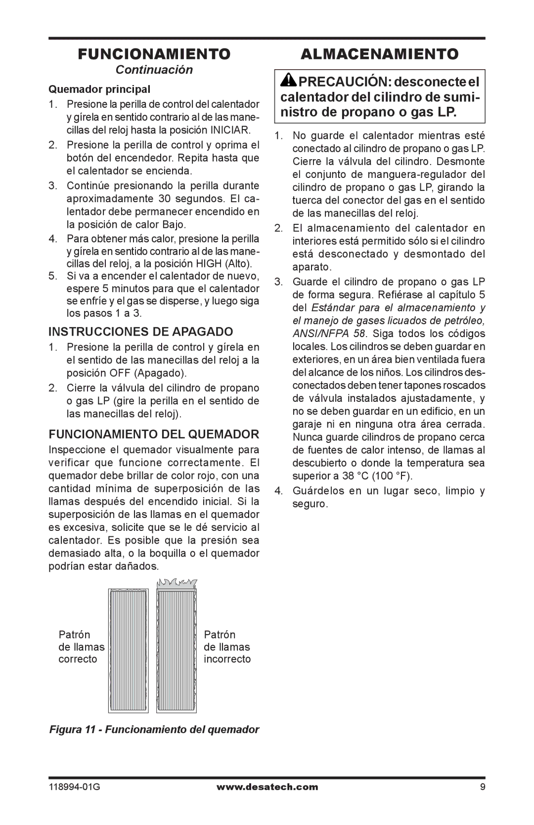 Desa Td102, Td104, Td100 Almacenamiento, Instrucciones de apagado, Funcionamiento DEL Quemador, Quemador principal 