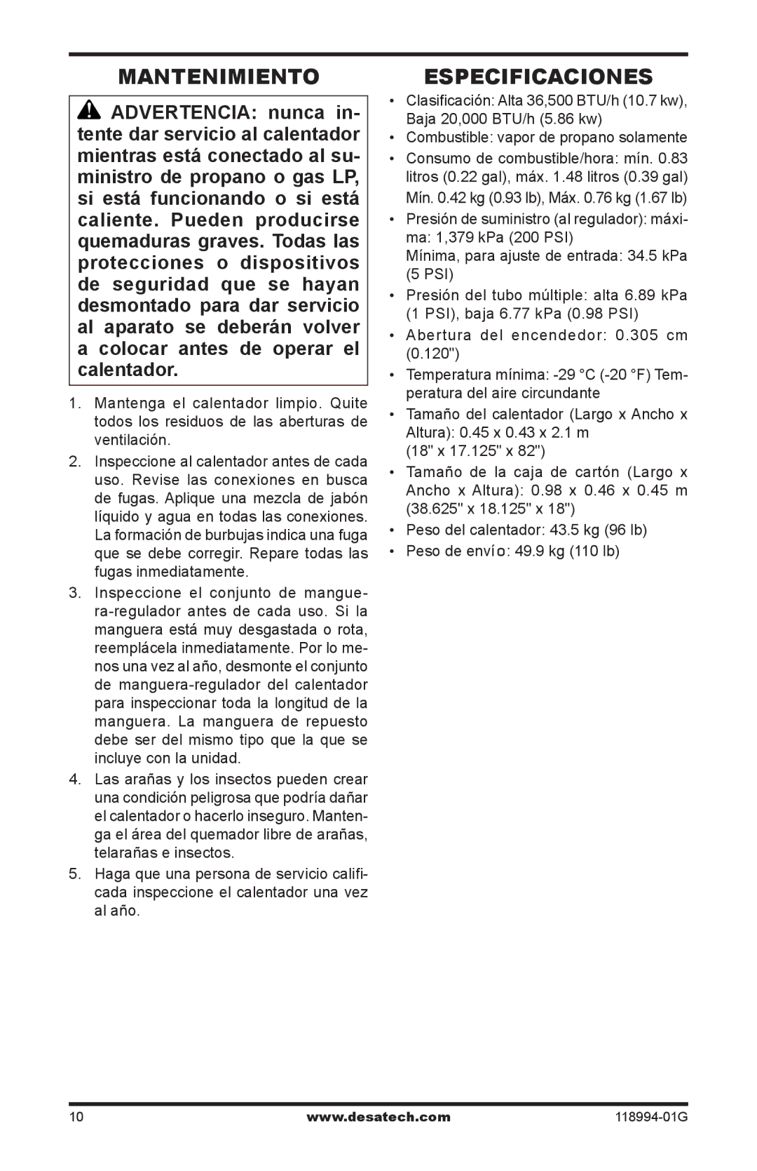 Desa Td100, Td104, Td102, TD100, TD102, TD104, TD110 owner manual Mantenimiento, Especificaciones 