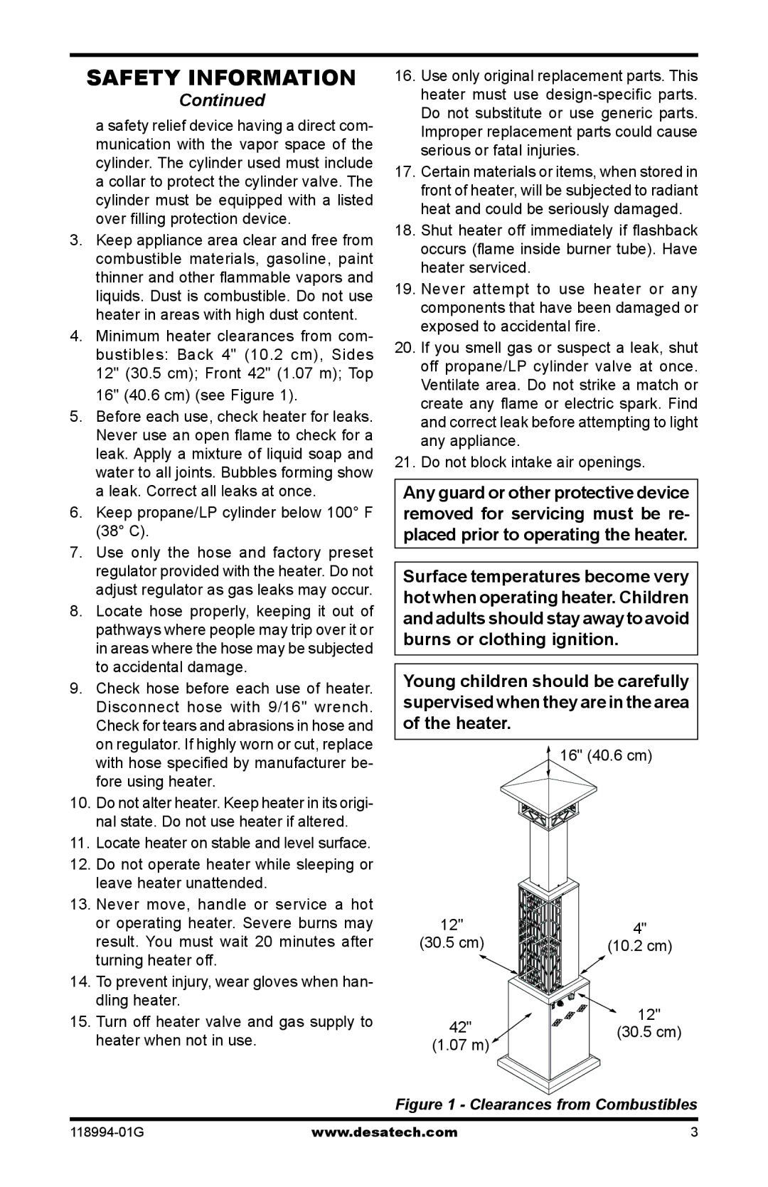 Desa TD100, TD102, TD104, TD110, Td104, Td102, Td100 owner manual Keep propane/LP cylinder below 100 F 38 C, 16 40.6 cm, 07 m 