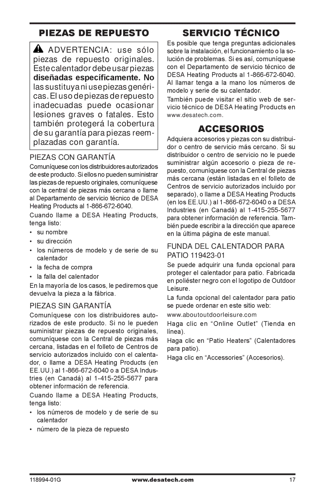 Desa Td102, Td104 Piezas de repuesto, Servicio técnico, Accesorios, Piezas sin garantía, Funda del calentador para patio 