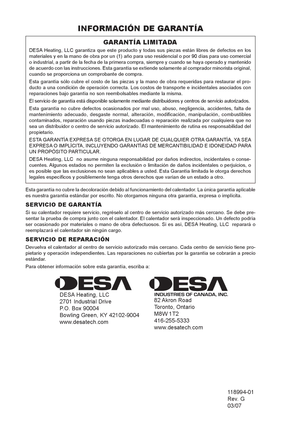 Desa Td100, Td104, Td102, TD100, TD102, TD104, TD110 owner manual Información de garantía, Garantía Limitada 