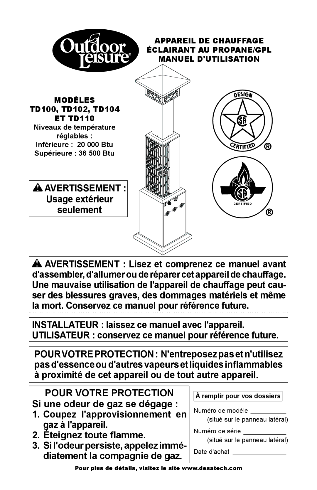 Desa TD100, TD102, TD104, TD110, Td104, Td102, Td100 owner manual Avertissement, Remplir pour vos dossiers 