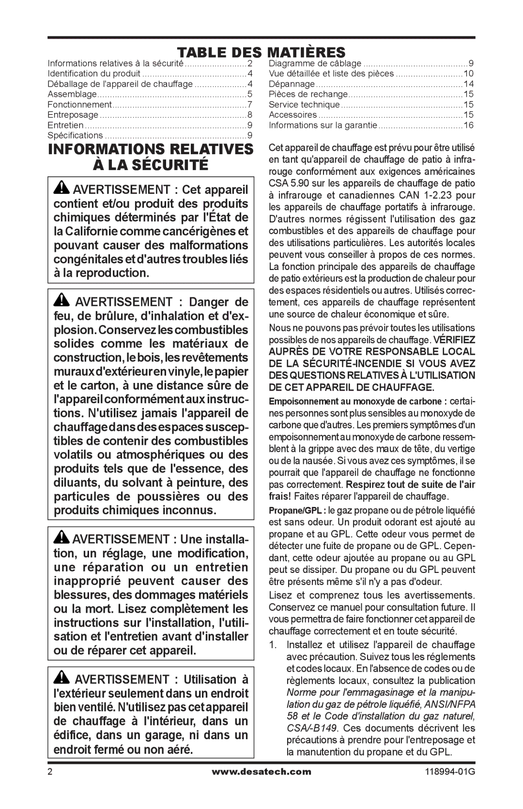 Desa Td104, Td102, Td100, TD100, TD102, TD104, TD110 owner manual Informations relatives La sécurité, Table des matières 