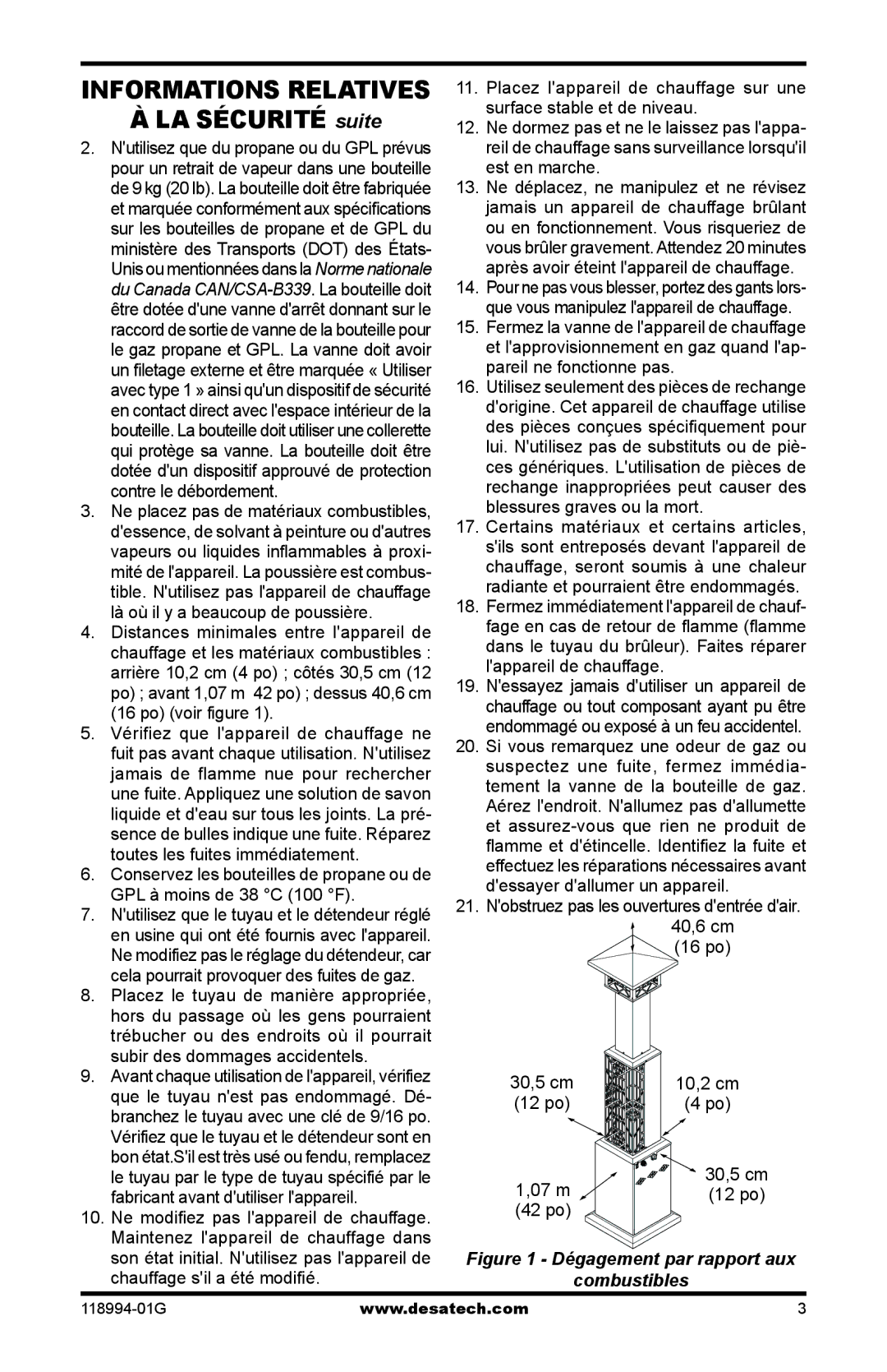 Desa Td102, Td104, Td100, TD100, TD102, TD104, TD110 owner manual LA Sécurité suite, 07 m 30,5 cm 