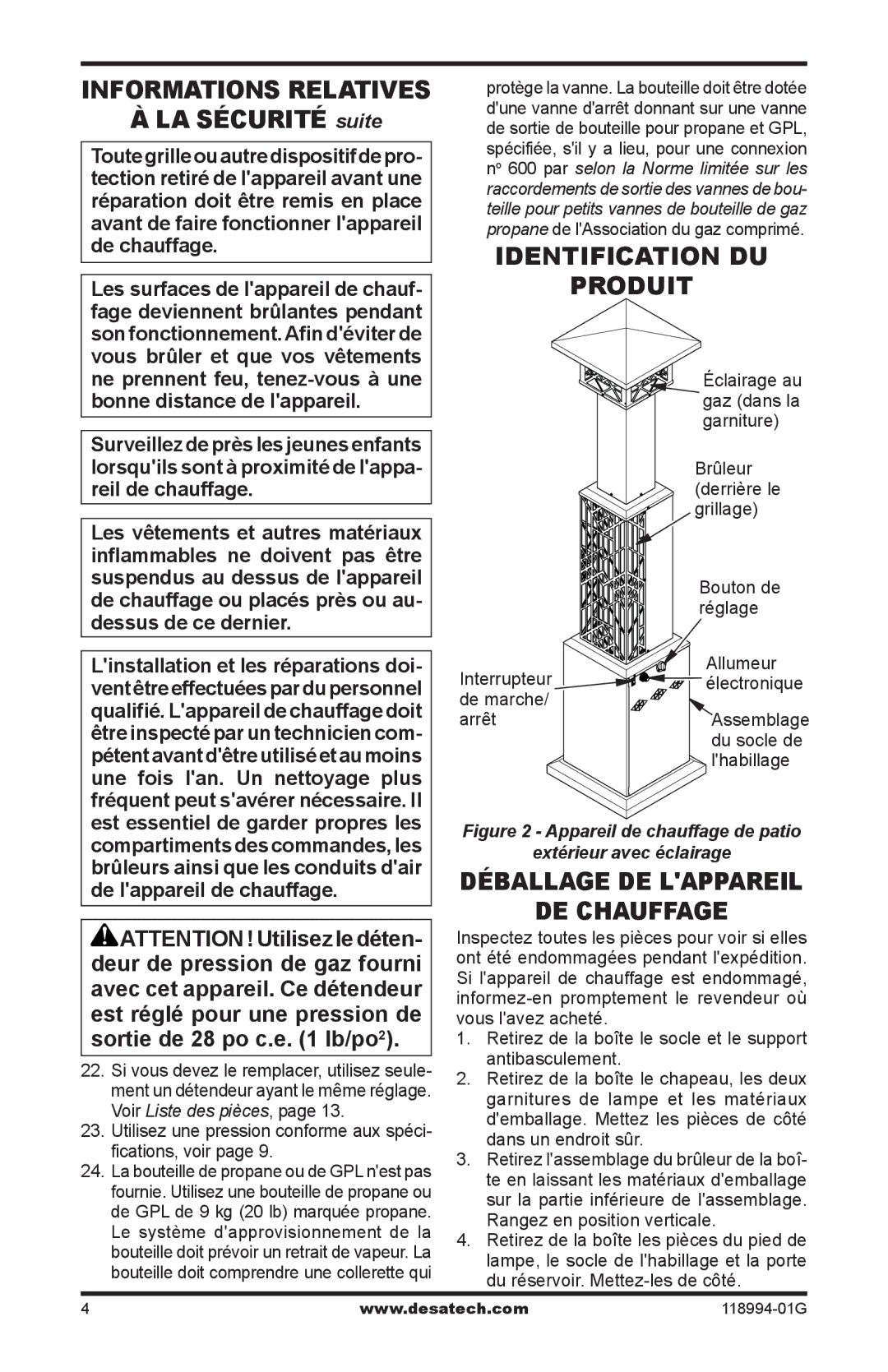 Desa Td100, Td104, Td102, TD100, TD102, TD104, TD110 Identification du Produit, Déballage de lappareil De chauffage 