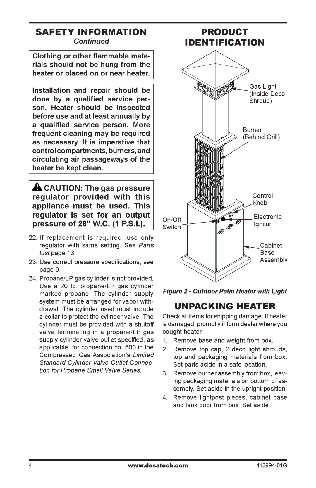 Desa Td104, Td102, Td100, TD100, TD102, TD104, TD110 owner manual Product, Identification, Unpacking Heater 