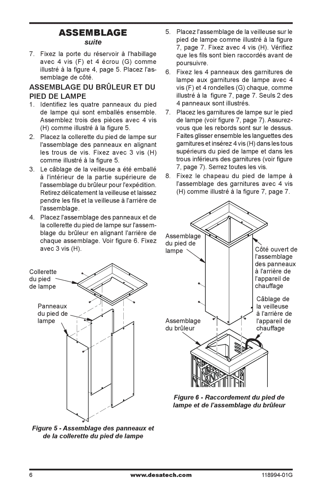 Desa Td104, Td102, Td100, TD100, TD102, TD104, TD110 owner manual Assemblage du brûleur et du pied de lampe 