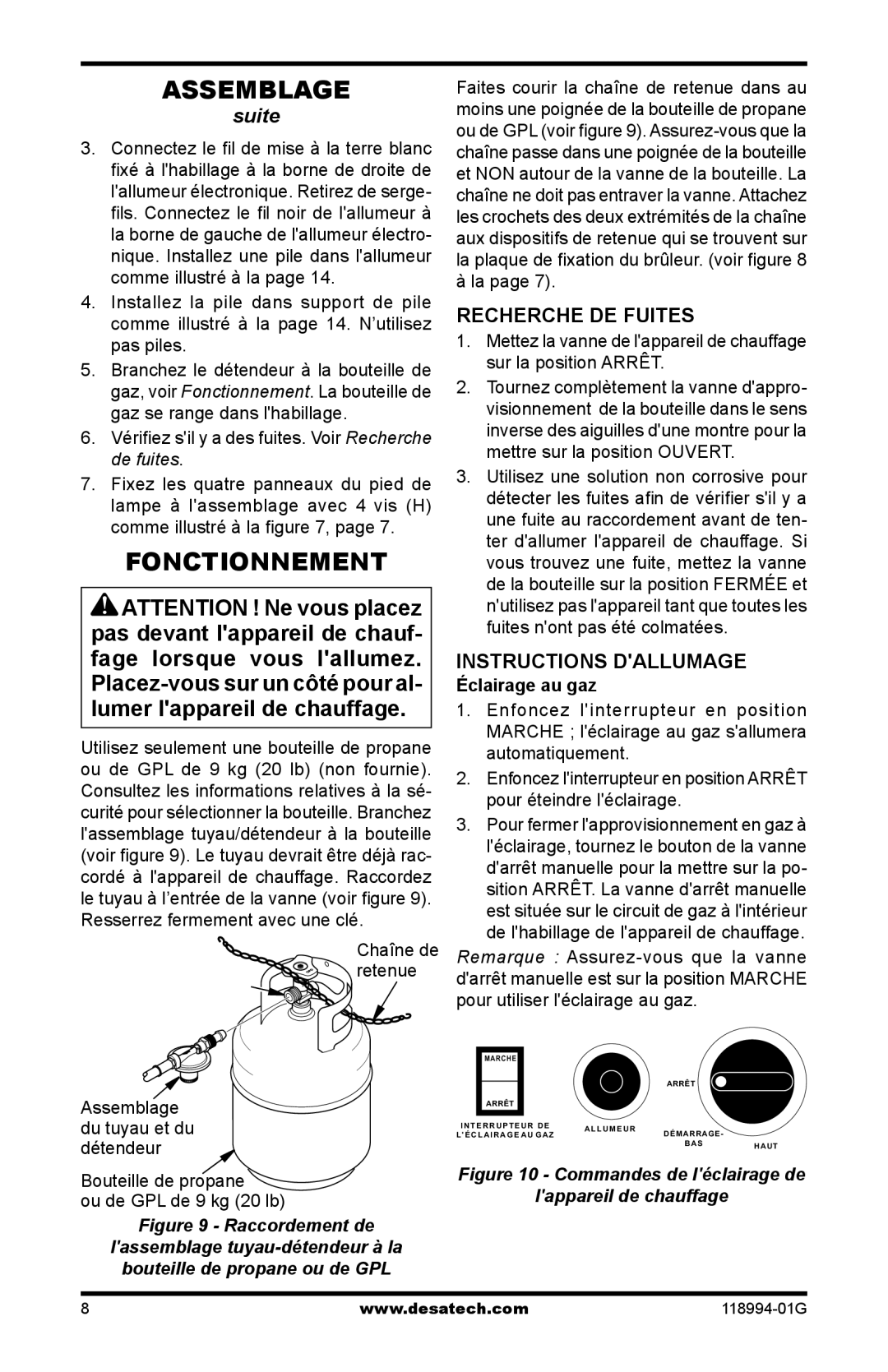 Desa Td100, Td104, Td102 Fonctionnement, Recherche de fuites, Instructions dallumage, Chaîne de retenue, Éclairage au gaz 