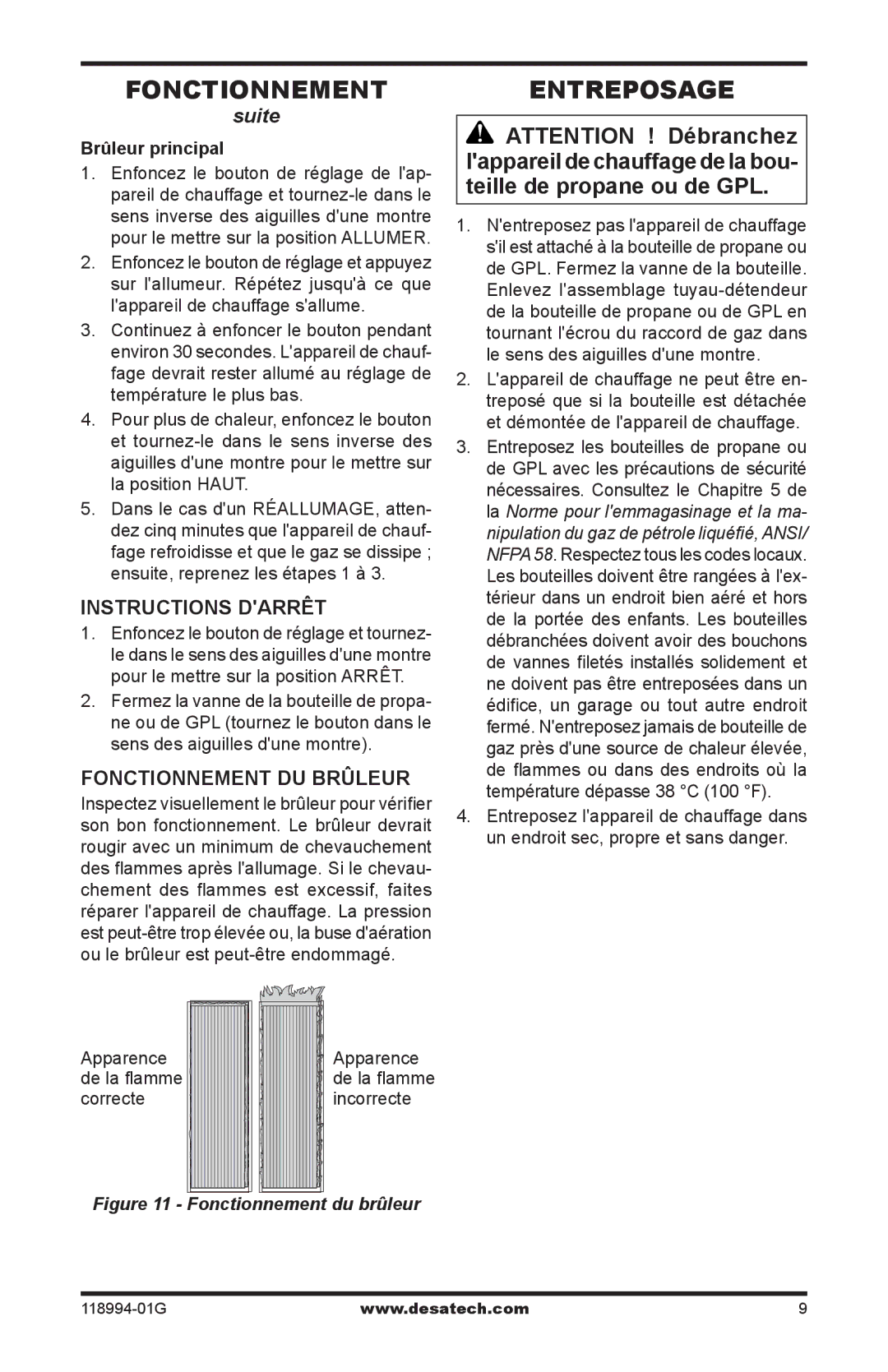 Desa TD100, TD102, TD104, TD110, Td104 Entreposage, Instructions darrêt, Fonctionnement DU Brûleur, Brûleur principal 