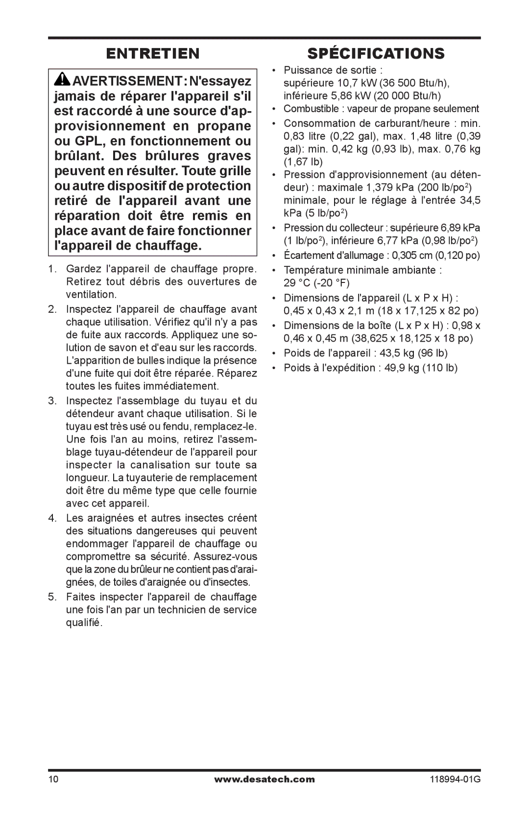 Desa Td104, Td102, Td100, TD100, TD102, TD104, TD110 owner manual Entretien, Spécifications 