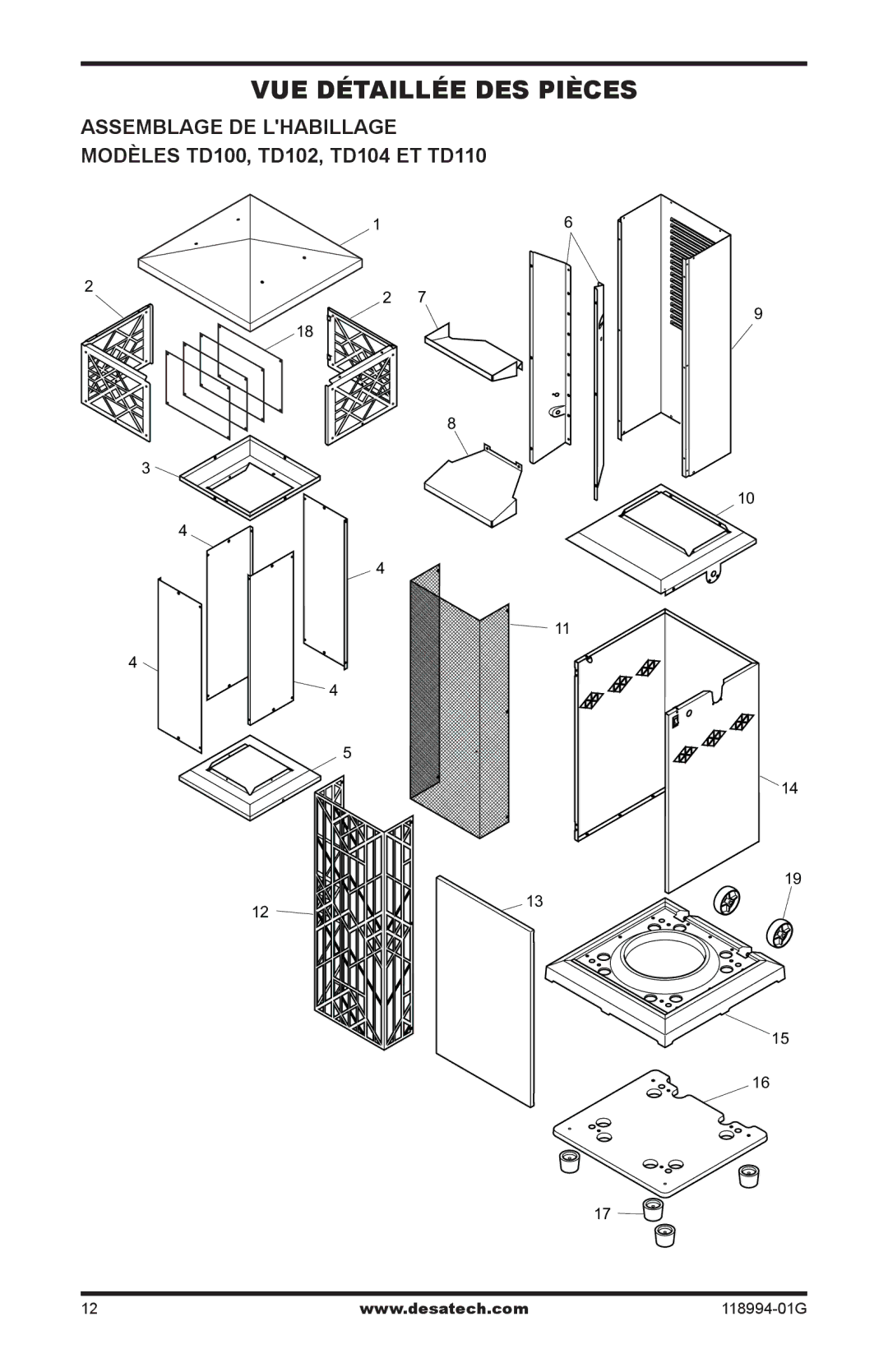 Desa Td100, Td104, Td102, TD100, TD102, TD104, TD110 owner manual Vue détaillée des pièces 