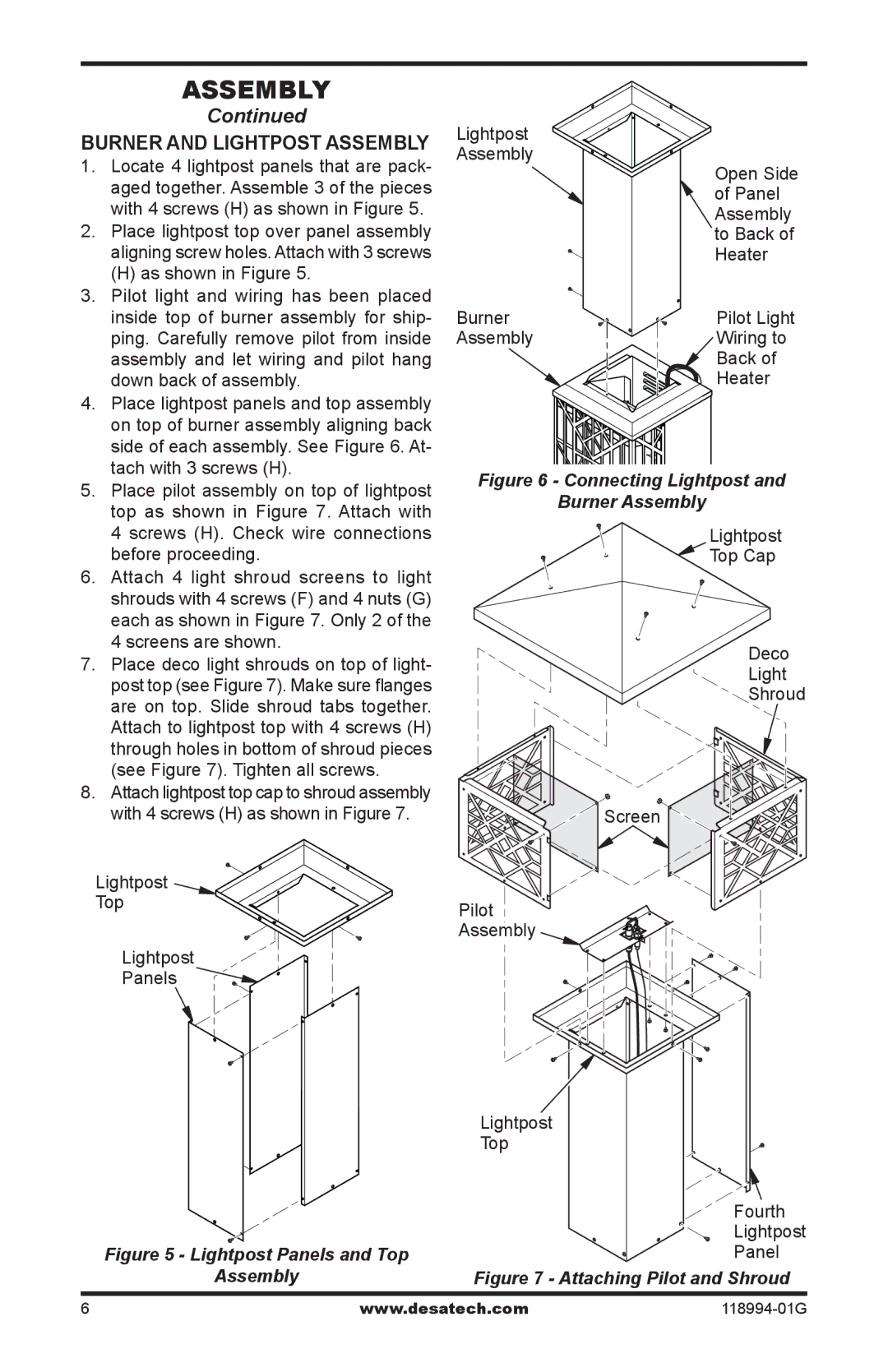 Desa Td100, Td104 Burner and lightpost assembly, Lightpost Top Cap Deco Shroud, Lightpost TopPilot Assembly Panels Fourth 