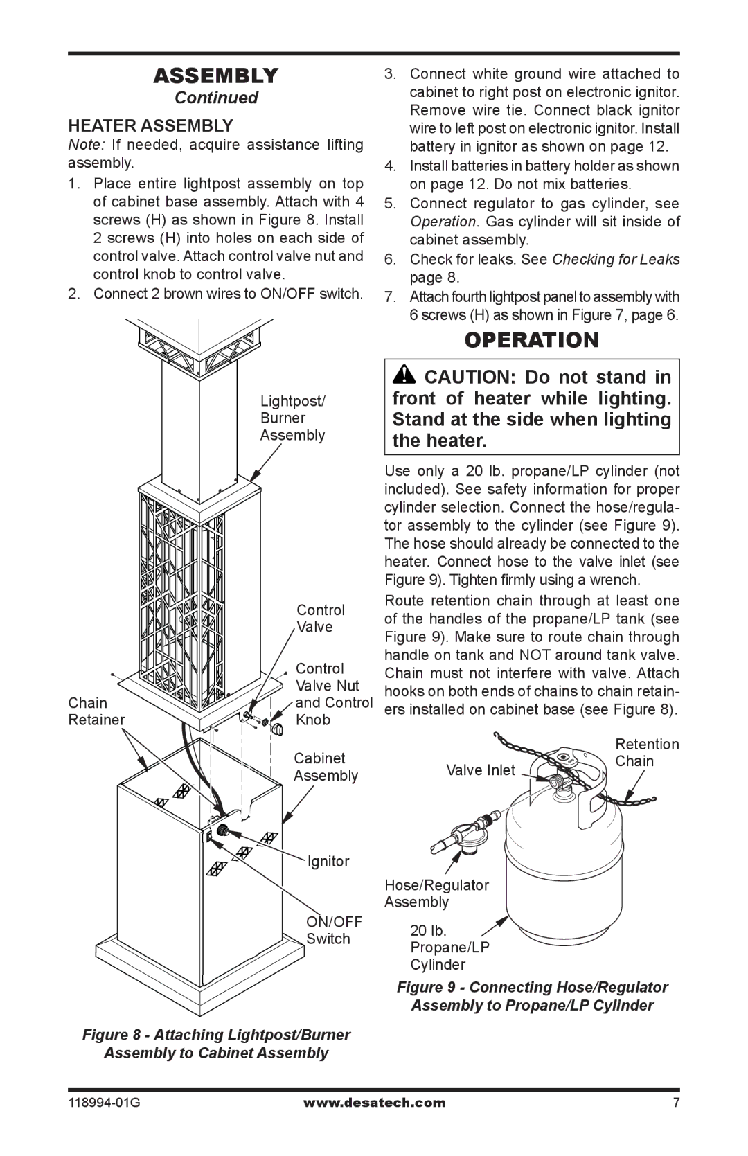 Desa TD100, TD102, TD104, TD110, Td104, Td102, Td100 owner manual Operation, Heater assembly, Retention 